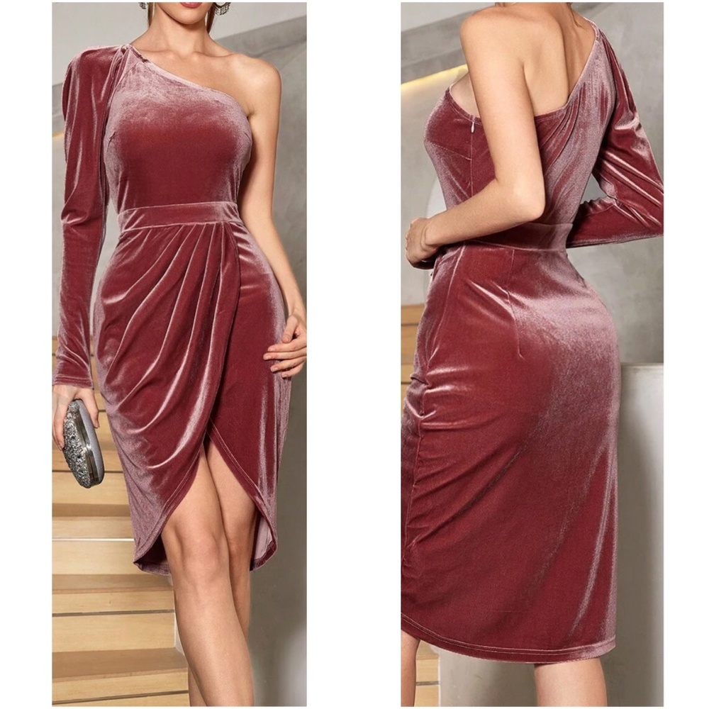 Luxe Velvet Ruched One Shoulder Long Sleeve Party Dress - Picture 7 of 8
